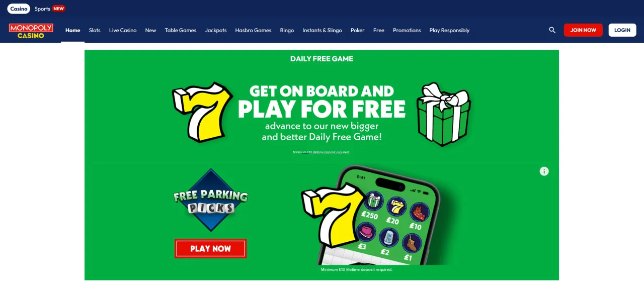 Homepage at Monopoly Casino