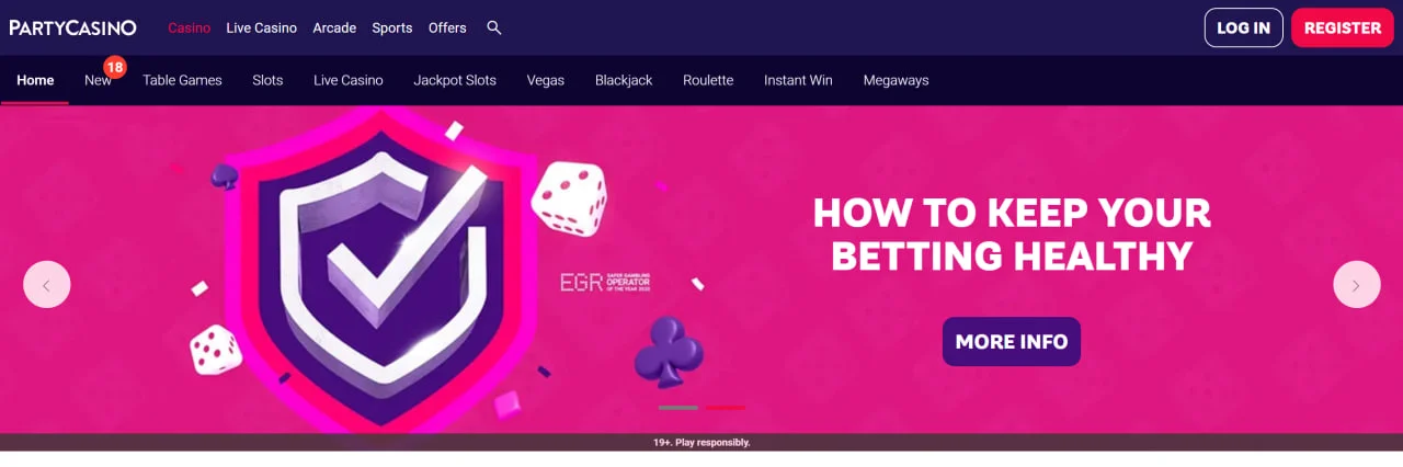 Homepage at Party Casino