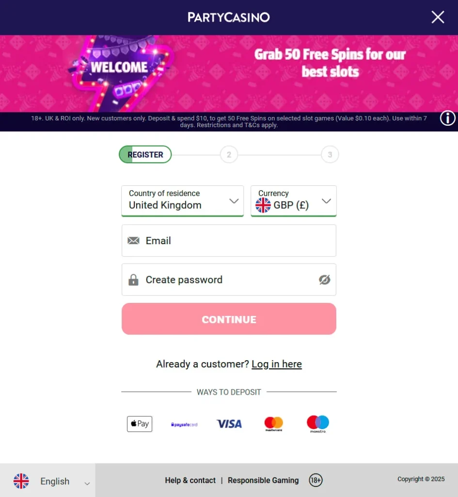 Registration at Party Casino
